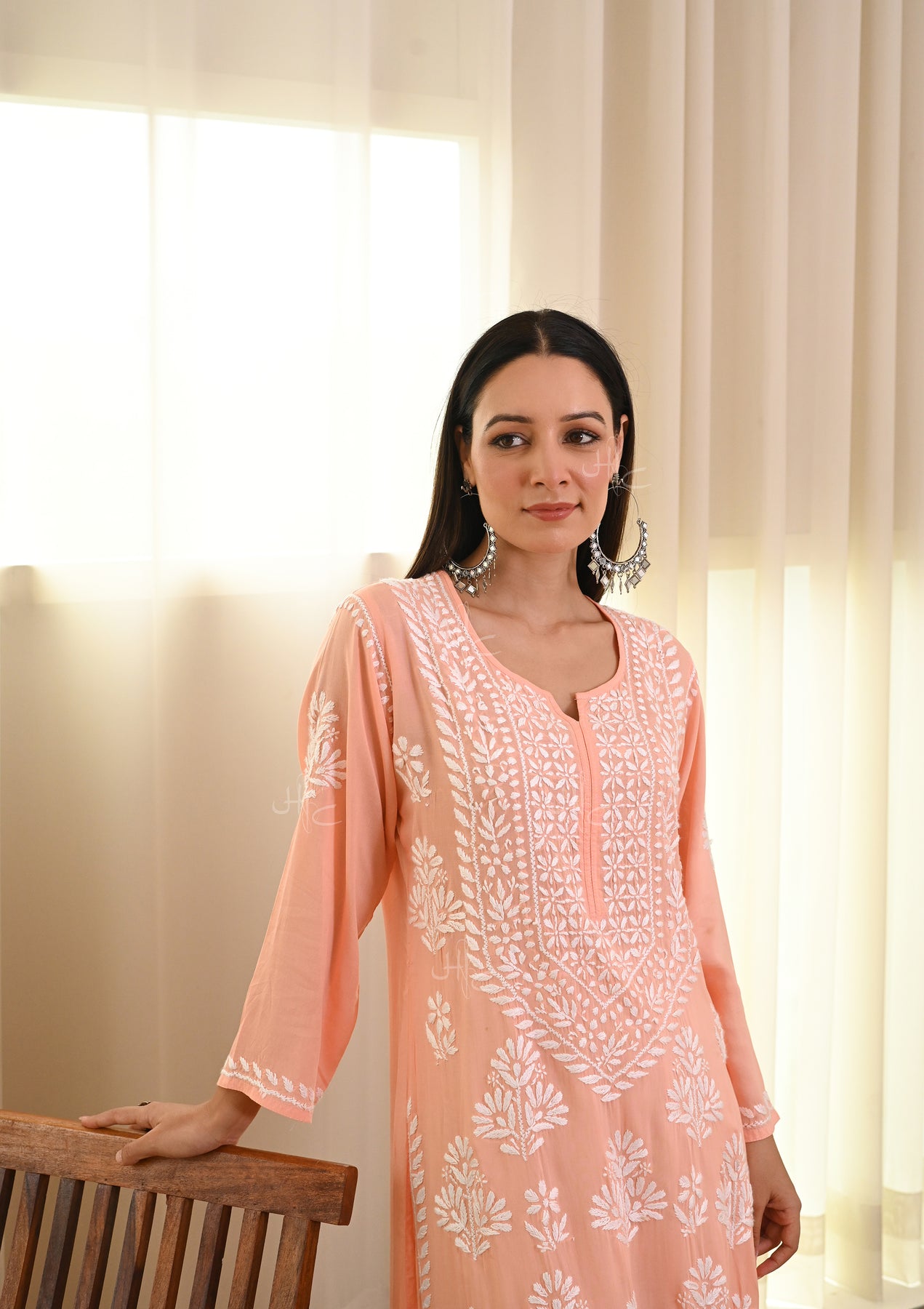 Hamida Chikankari Modal Straight Kurta-Peach-House of Chikankari